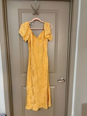 Lulu's Yellow Floral Jacquard Maxi Dress with Puff Sleeves